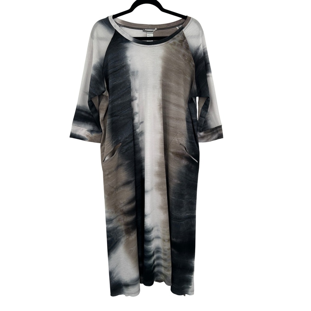 Alembika Tie Dye Midi Caftan Dress Lagenlook Oversized Textured 3/4 Sleeve Sz M